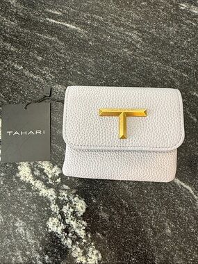 Tahari Pebbled Lavender Leather Mini Wallet with Gold T Accent